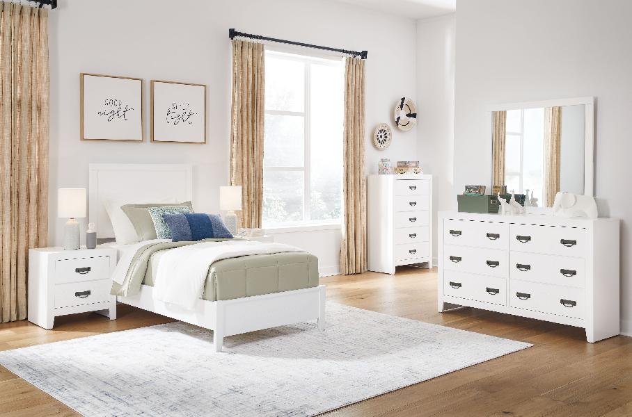 Image of Binterglen - 5 Pc. - Dresser, Mirror, Chest, Twin Panel Bed - White