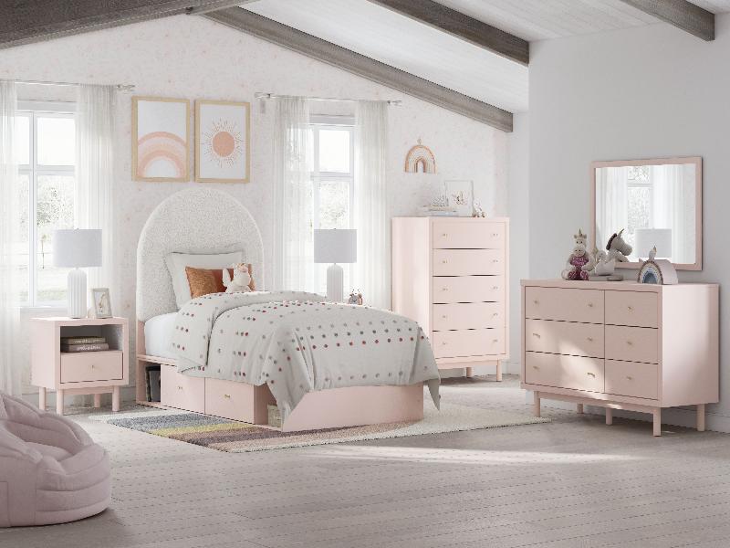 Image of Wistenpine - 8 Pc. - Dresser, Mirror, Twin Upholstered Panel Bed With Side Storage, 2 Nightstands - Blush