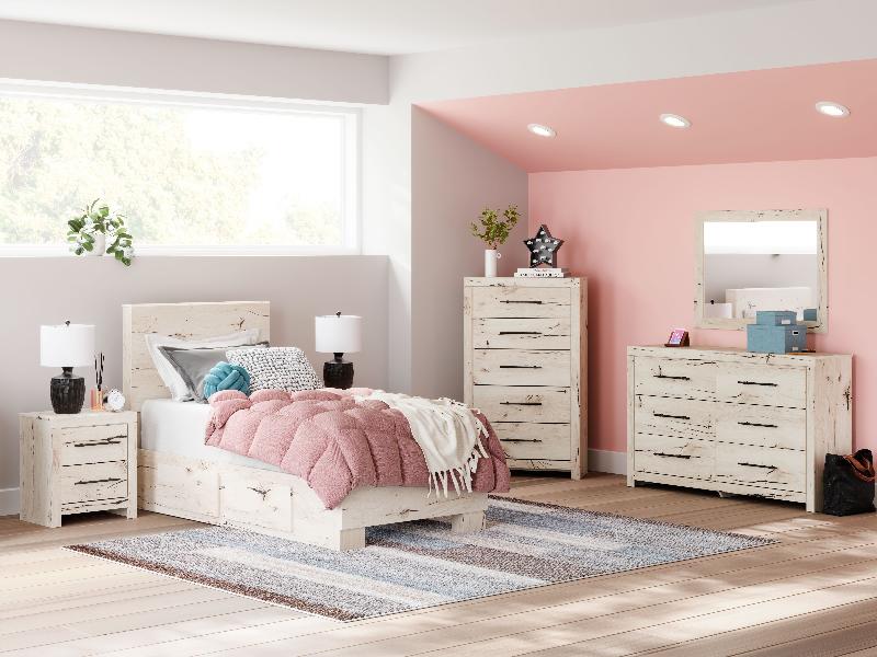 Image of Lawroy - 9 Pc. - Dresser, Mirror, Twin Panel Bed With 2 Under Bed Storage Units, 2 Nightstands - Light Natural