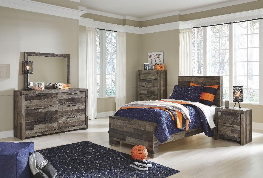 Image of Derekson - 7 Pc. - Twin Panel Bed, Dresser, Mirror, Chest, Nightstand - Multi Gray