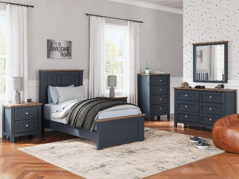 Image of Landocken - 6 Pc. - Dresser, Mirror, Chest, Twin Panel Bed - Brown / Blue