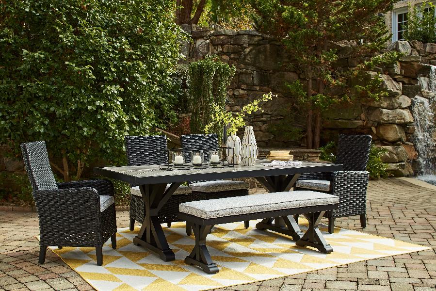 Image of Beachcroft - 6 Pc. - Outdoor Dining Table, 2 Side Chairs, 2 Arm Chairs, Bench - Black / Light Gray