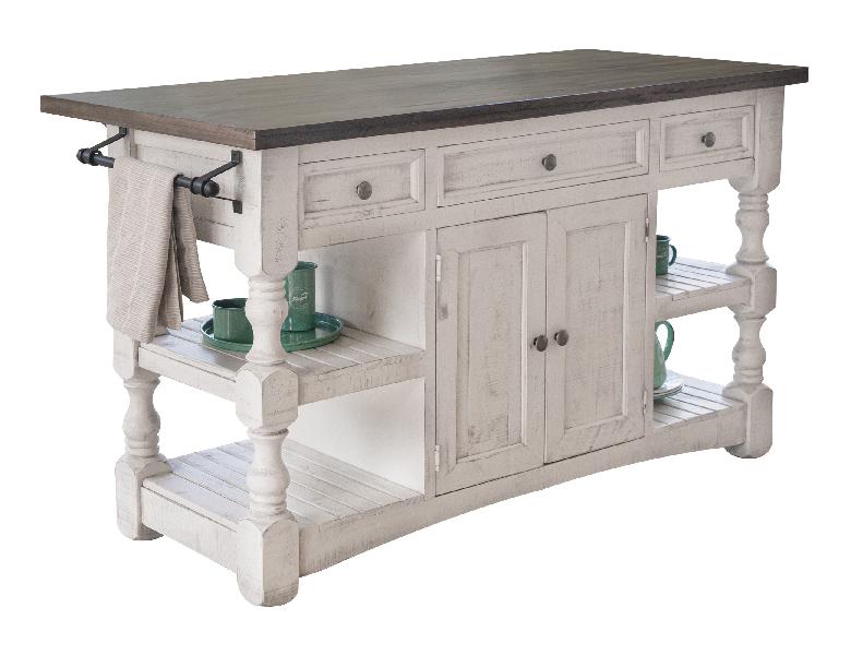 Image of Stone - Kitchen Island With 3 Drawer / 2 Doors / 4 Shelves And Casters - Antiqued Ivory / Weathered Gray