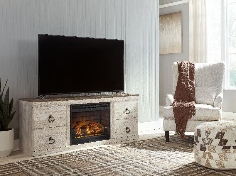Image of Willowton - 2 Pc. - TV Stand with Faux Firebrick Fireplace Insert - Whitewash
