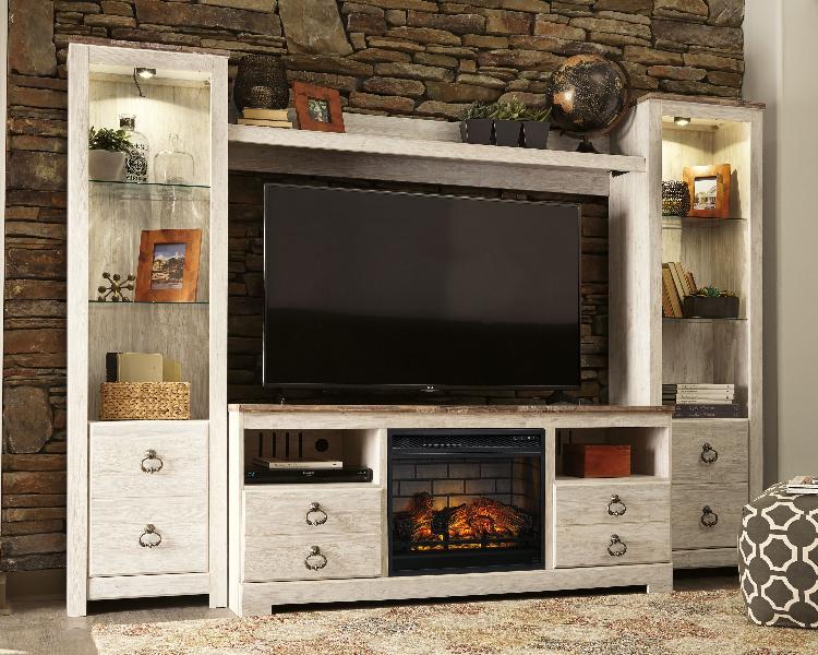 Image of Willowton - Entertainment Center - TV Stand With Faux Firebrick Fireplace Insert - Whitewash