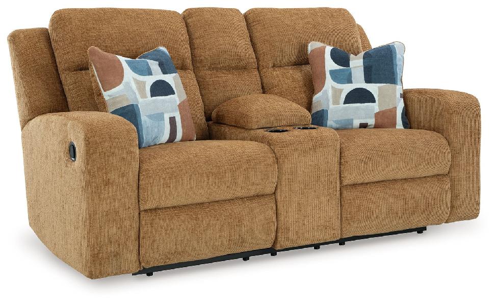 Image of Kanlow - Dbl Reclining Loveseat With Console - Fabric - Honey