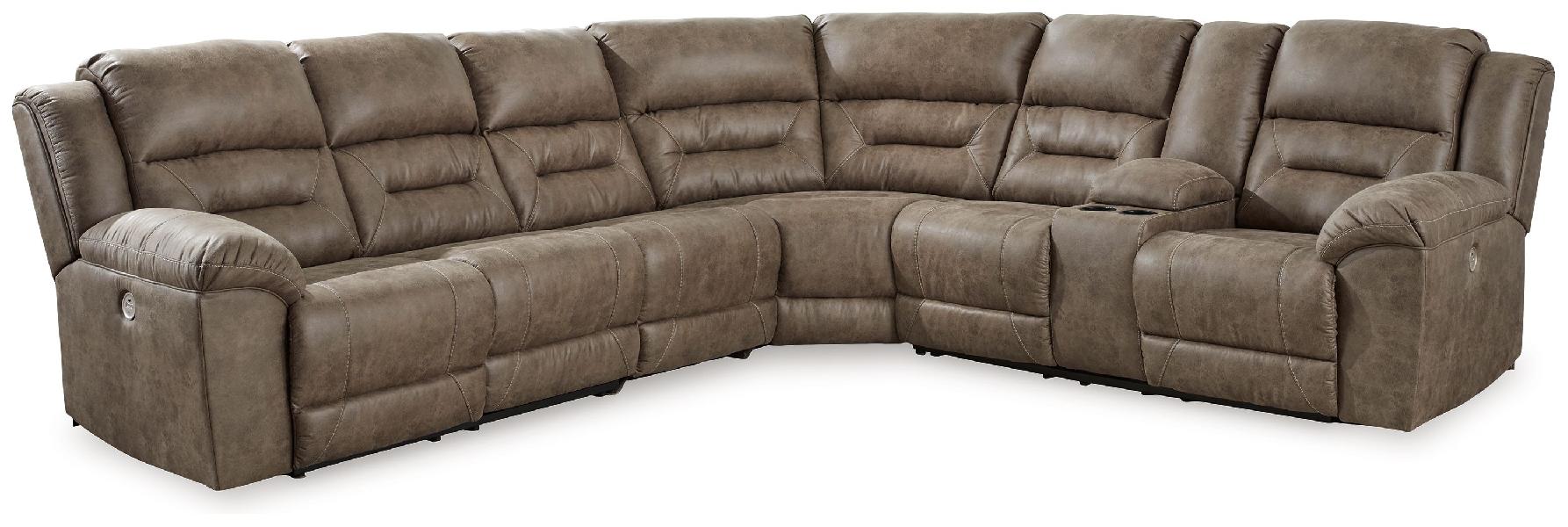 Image of Ravenel - 4-Piece Power Reclining Sectional With Raf Power Reclining Loveseat With Console - Faux Leather - Fossil