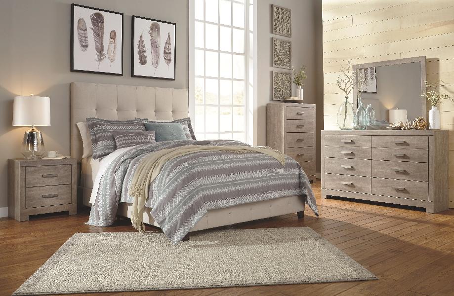 Image of Culverbach - 5 Pc. - Dresser, Mirror, Queen Upholstered Bed, 2 Nightstands - Gray