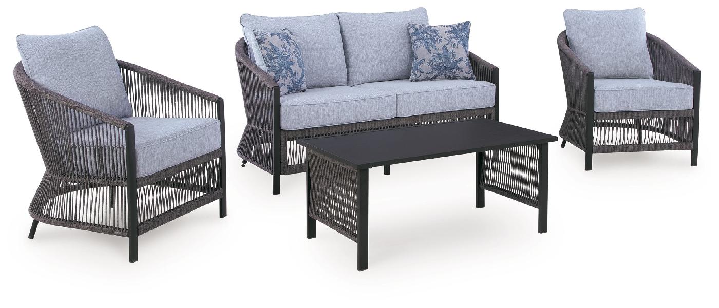 Image of Bridges Beach - Loveseat, Lounge Chairs, Table Set (Set of 4) - Gray