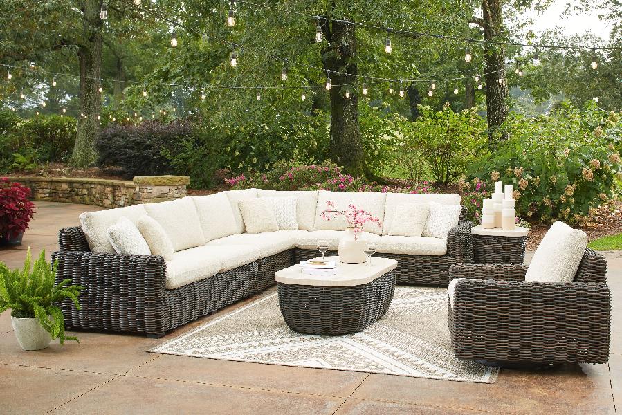 Image of Kimora - 7 Pc. - 4-Piece Outdoor Sectional, Swivel Glider Lounge, Cocktail Table, End Table - Beige / Dark Brown