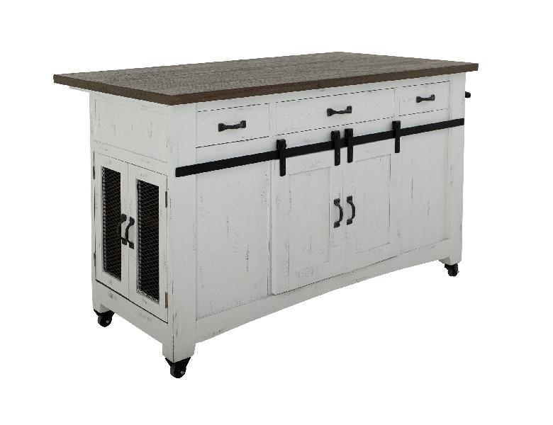 Image of Pueblo - Kitchen Island With 3 Drawer / 2 Sliding Doors / 2 Mesh Doors - Antiqued White / Brown