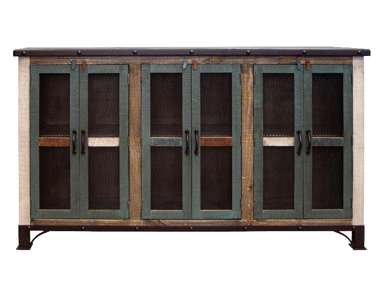 Image of Antique - 6 Iron Mesh Doors Console / Buffet - Multicolor