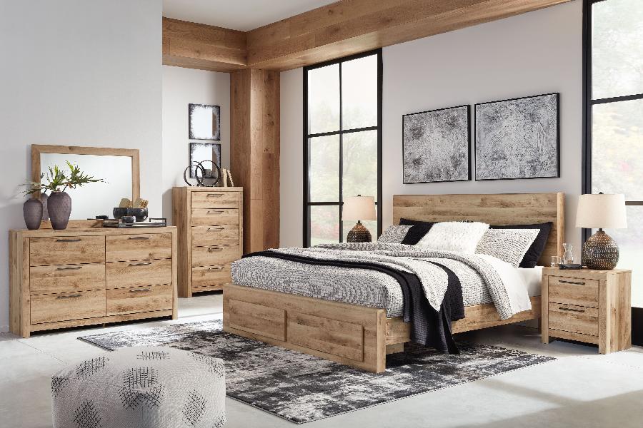 Image of Hyanna - 8 Pc. - Dresser, Mirror, Queen Panel Bed with Footboard Storage, 2 Nightstands - Tan