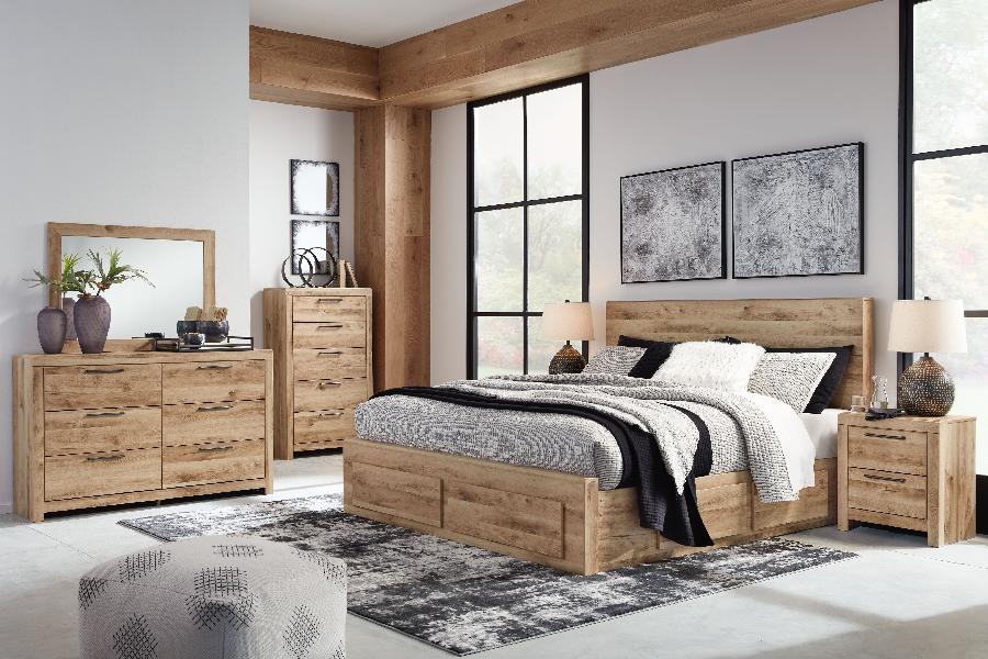 Image of Hyanna - 7 Pc. - Dresser, Mirror, King Panel Bed with 6 Storage Drawers - Tan