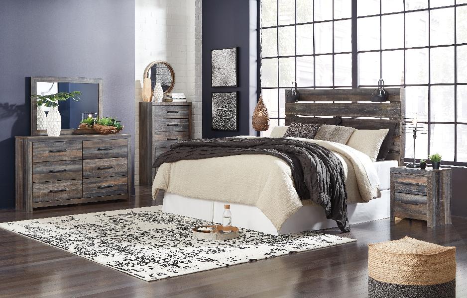 Drystan - 6 Pc. - Dresser, Mirror, Chest, King Panel Headboard, Nightstand, Bed Frame - Dark Gray