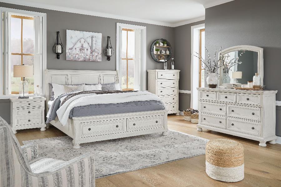 Image of Robbinsdale - 6 Pc. - Dresser, Mirror, Chest, California King Sleigh Bed With 2 Storage Drawers - Antique White