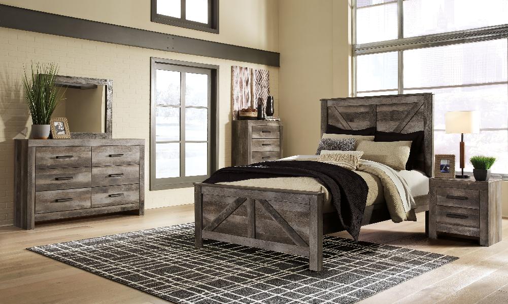 Image of Wynnlow - 6 Pc. - Dresser, Mirror, Chest, Queen Crossbuck Panel Bed - Gray