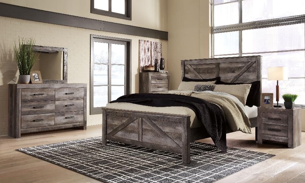 Image of Wynnlow - 7 Pc. - Dresser, Mirror, King Crossbuck Panel Bed, 2 Nightstands - Gray