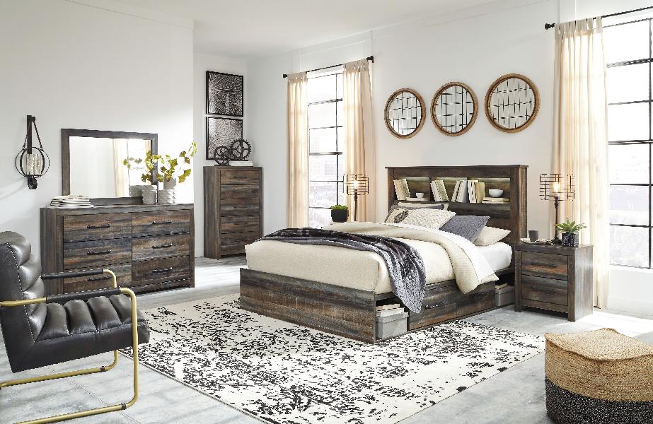 Image of Drystan - 8 Pc. - Dresser, Mirror, Chest, King Bookcase Bed With 4 Storage Drawers - Brown / Beige