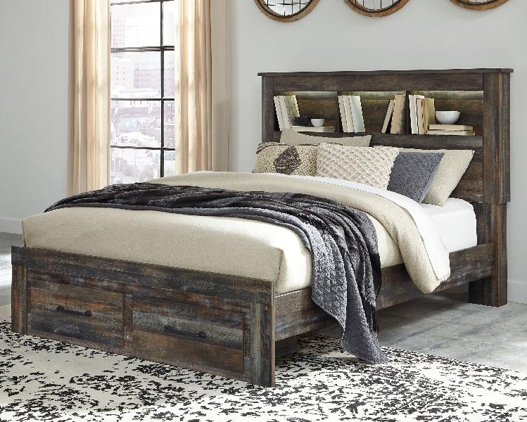 Image of Drystan - Queen Bookcase Bed with 2 Storage Drawers - Brown / Beige
