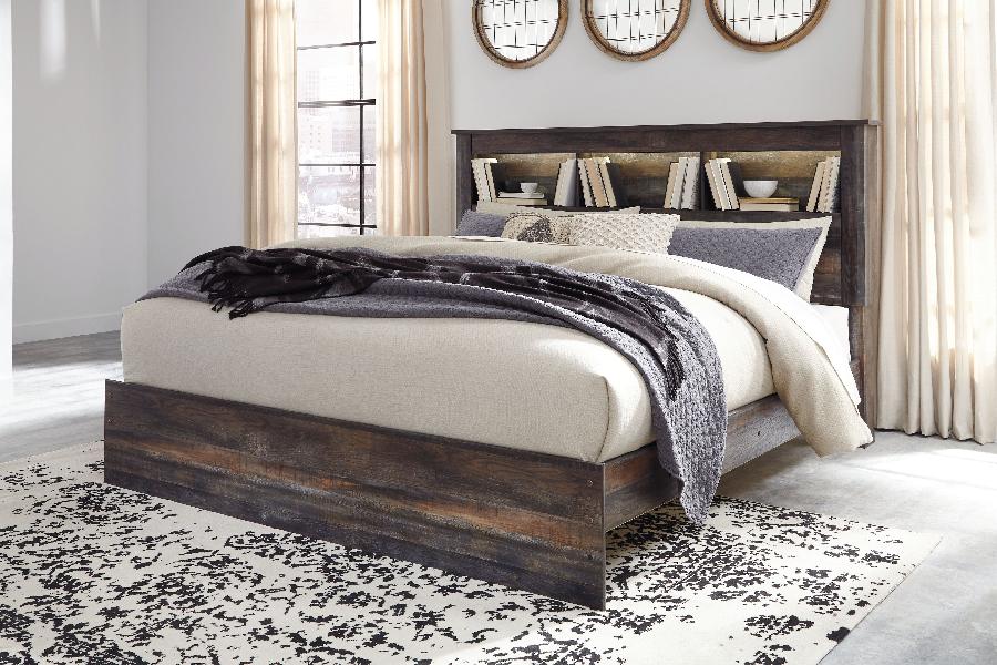 Image of Drystan - King Panel Bookcase Bed - Brown / Beige