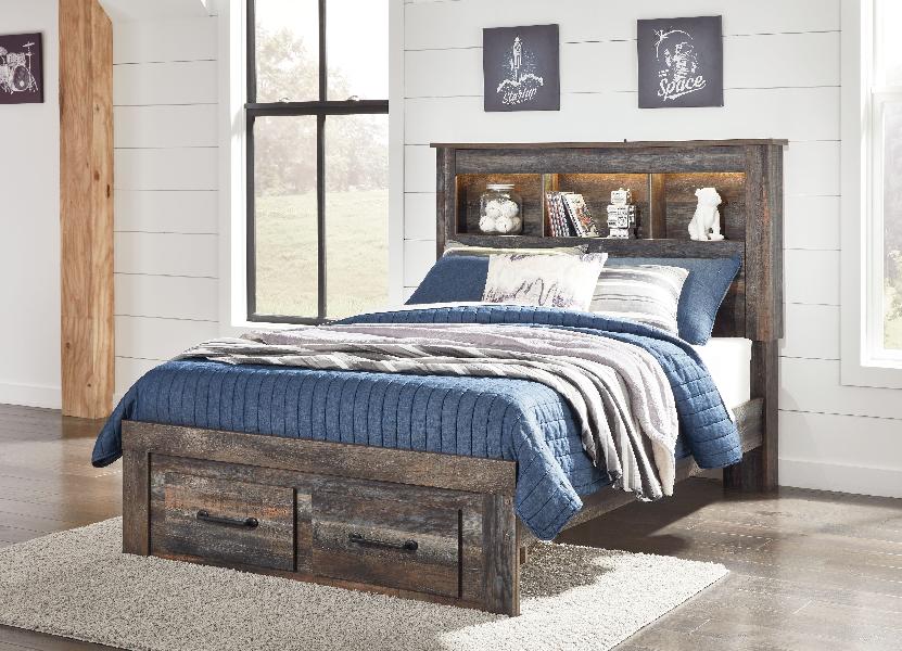 Image of Drystan - Full Bookcase Bed with 2 Storage Drawers - Brown / Beige
