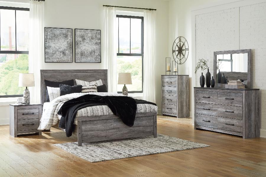 Image of Bronyan - Queen Panel Bed  - 4 Pc. - Dresser, Mirror, Queen Bed - Dark Gray