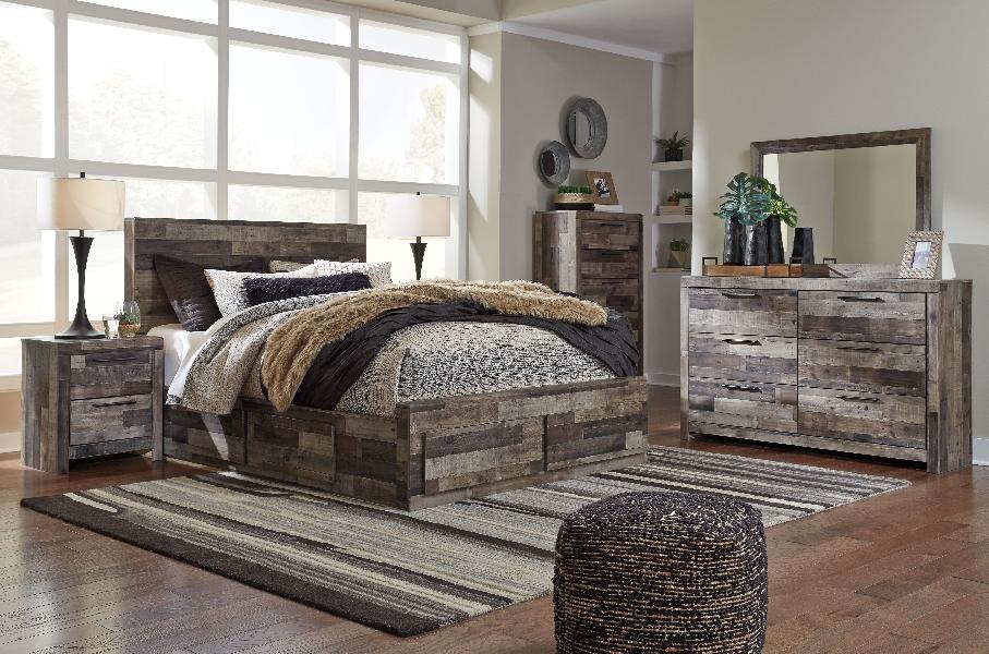 Image of Derekson - Queen Panel Bed With 4 Storage Drawers - 7 Pc. - Dresser, Mirror, Queen Bed - Multi Gray