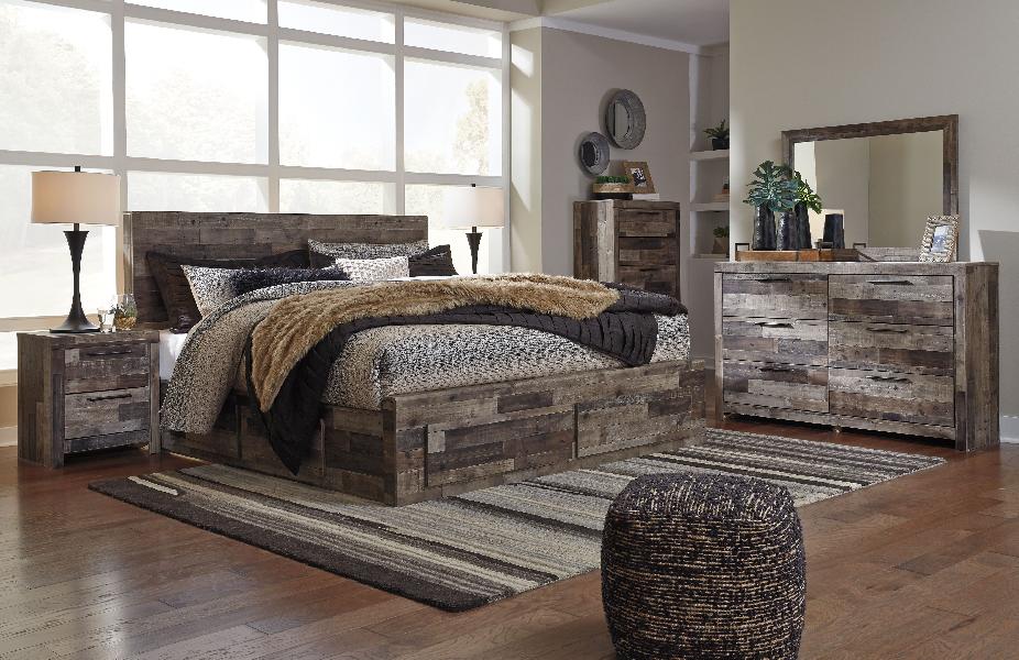 Image of Derekson - King Panel Bed With 4 Storage Drawers - 7 Pc. - Dresser, Mirror, King Bed - Multi Gray