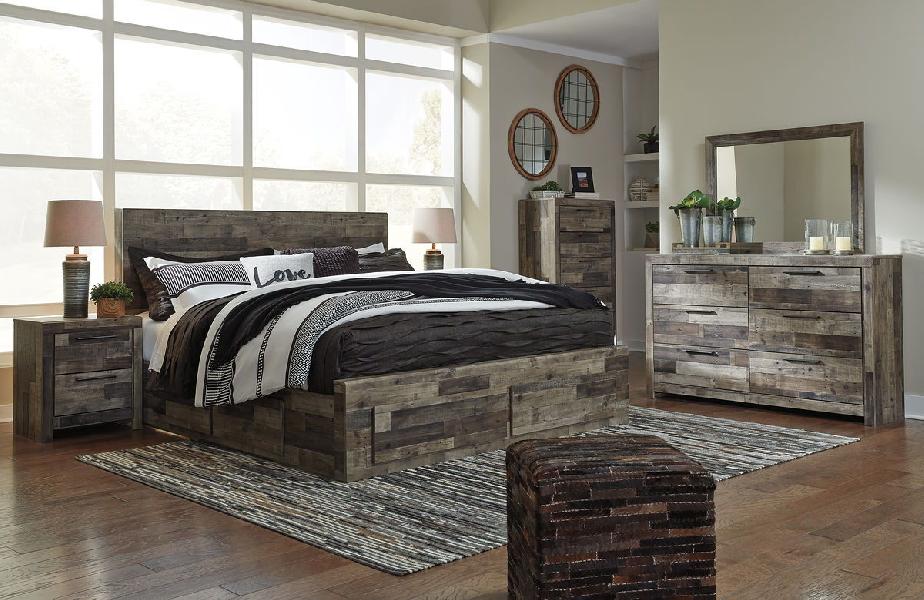 Image of Derekson - 7 Pc. - Dresser, Mirror, King Panel Bed with 6 Storage Drawers - Multi Gray