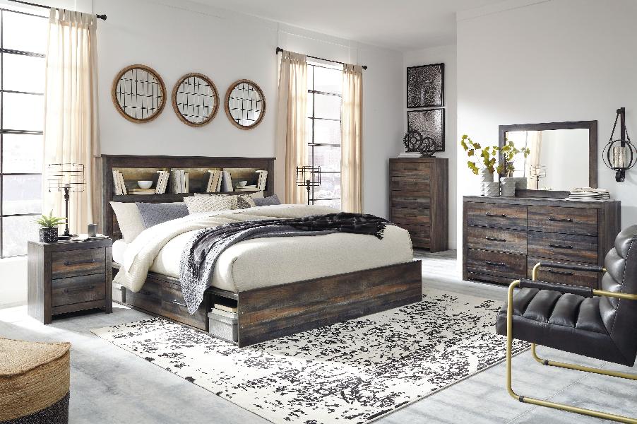 Image of Drystan - King Bookcase Bed With 4 Storage Drawers - 9 Pc. - Dresser, Mirror, King Bed, 2 Nightstands - Multi