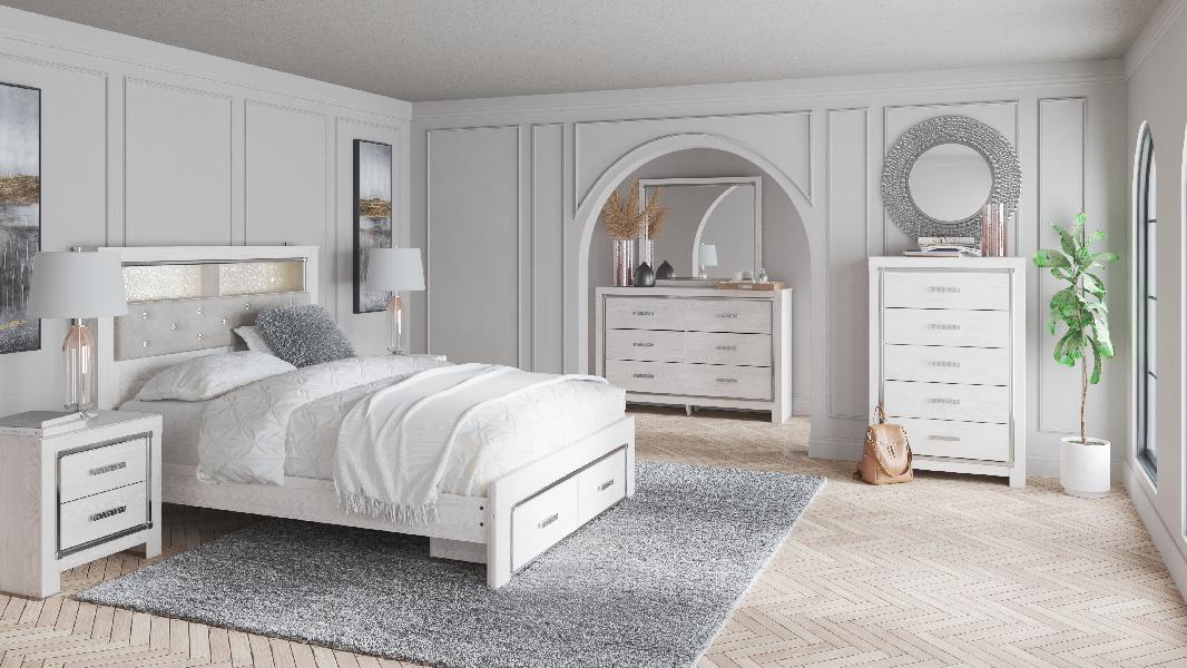 Image of Altyra - King Upholstered Bookcase Bed With Storage - 7 Pc. - Dresser, Mirror, Chest, King Bed - White