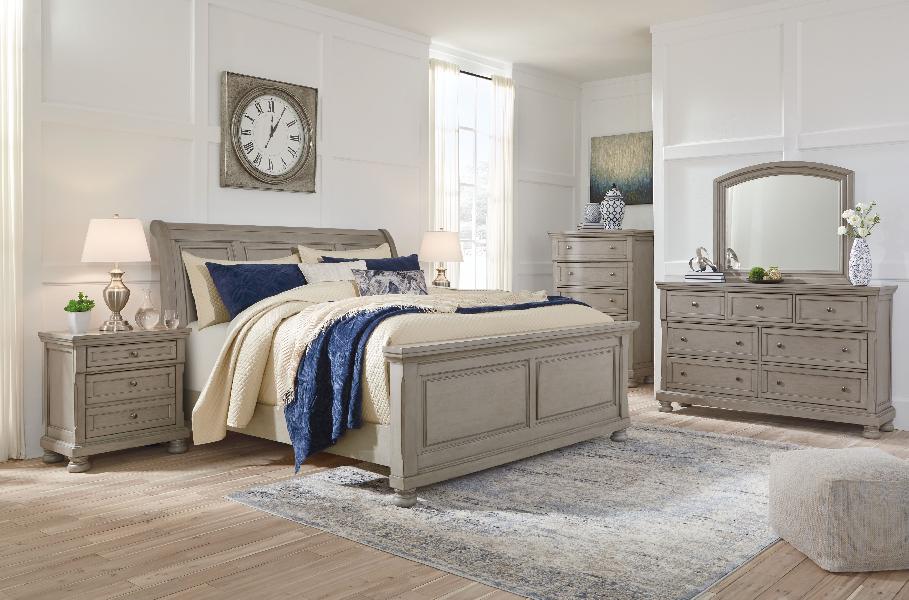 Image of Lettner - King Sleigh Bed - 7 Pc. - Dresser, Mirror, King Bed, 2 Nightstands - Light Gray