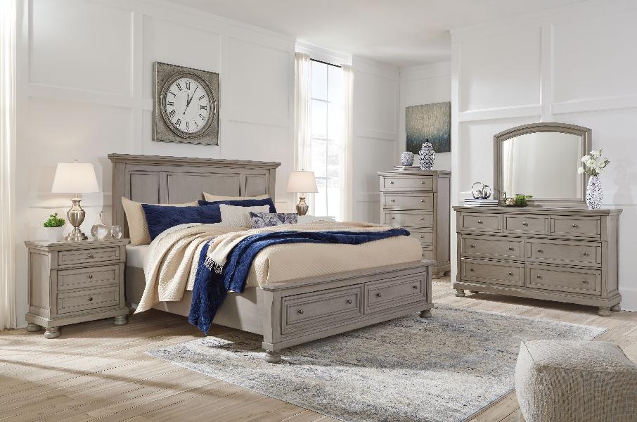 Image of Lettner - King Panel Storage Bed - 8 Pc. - Dresser, Mirror, Chest, King Bed, 2 Nightstands - Light Gray