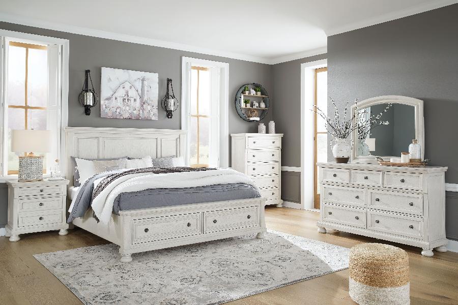 Image of Robbinsdale - 5 Pc. - Dresser, Mirror, Queen Panel Storage Bed - Antique White