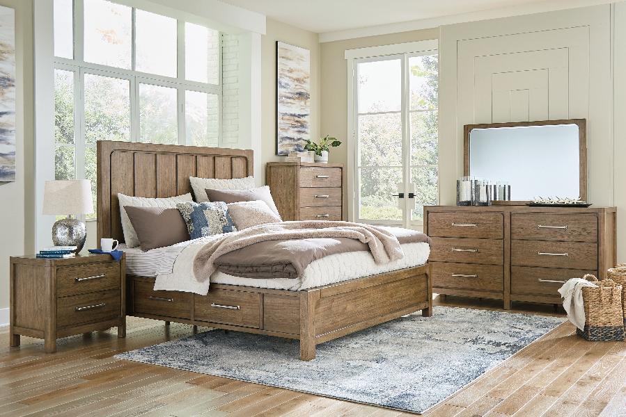 Image of Cabalynn - 8 Pc. - Dresser, Mirror, California King Panel Bed With Storage, 2 Nightstands - Light Brown