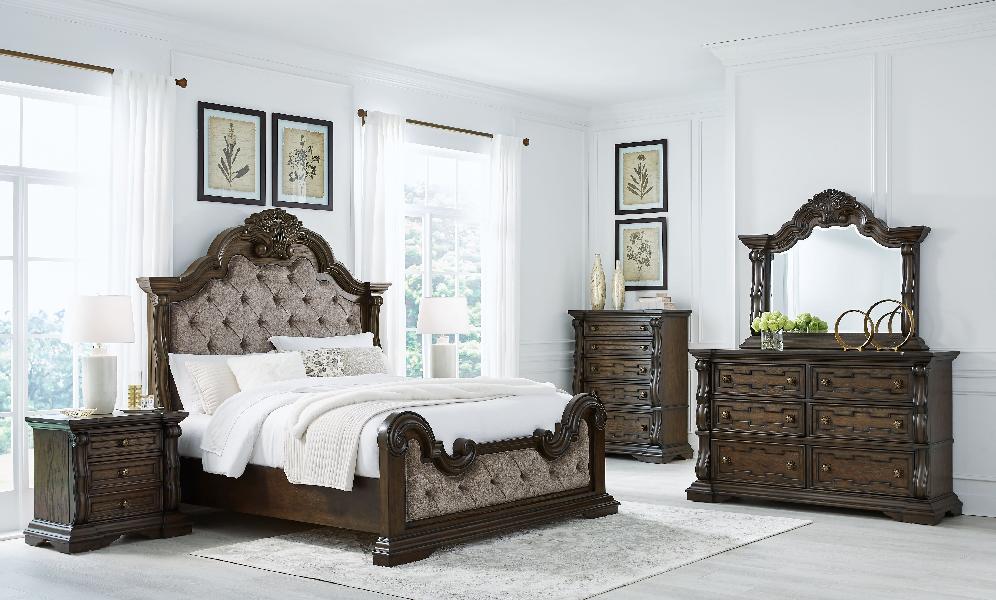 Image of Maylee - 6 Pc. - Dresser, Mirror, Chest, King Upholstered Bed - Dark Brown
