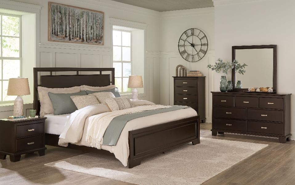 Image of Covetown - 5 Pc. - Dresser, Mirror, Chest, California King Panel Bed - Dark Brown