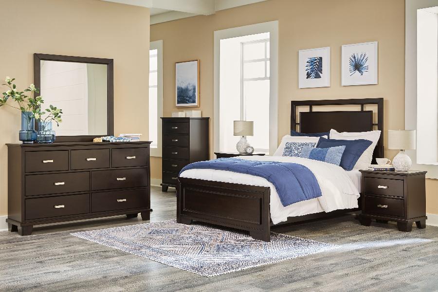 Image of Covetown - 7 Pc. - Dresser, Mirror, Chest, Full Panel Bed, 2 Nightstands - Dark Brown