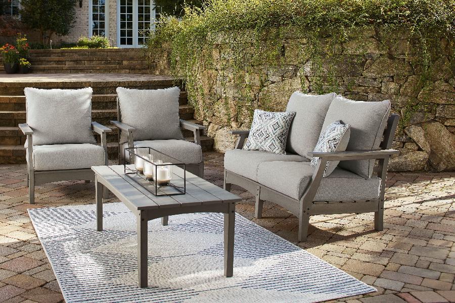 Image of Visola - 4 Pc. - Outdoor Loveseat, 2 Lounge Chairs And Coffee Table - Gray