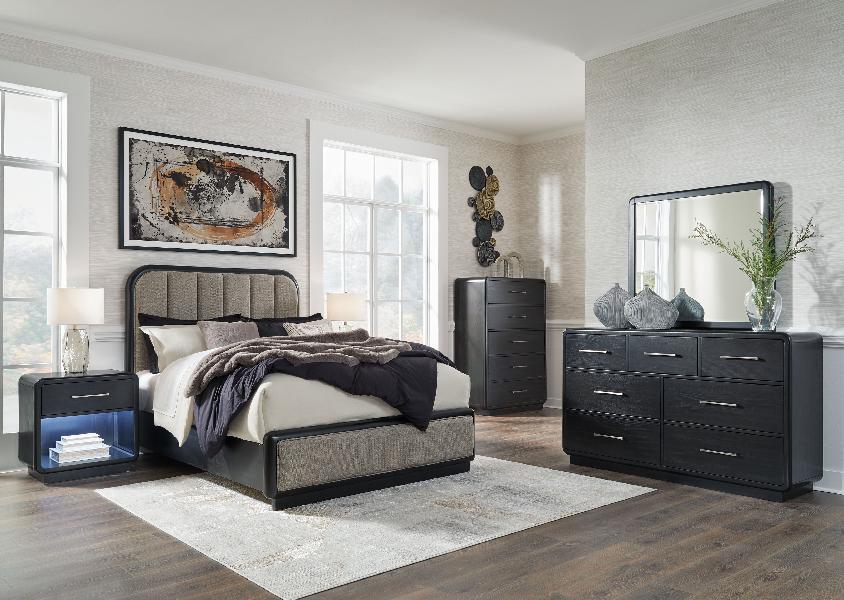 Image of Rowanbeck - 6 Pc. - Dresser, Mirror, Queen Upholstered Panel Bed, 2 Nightstands - Gray / Black