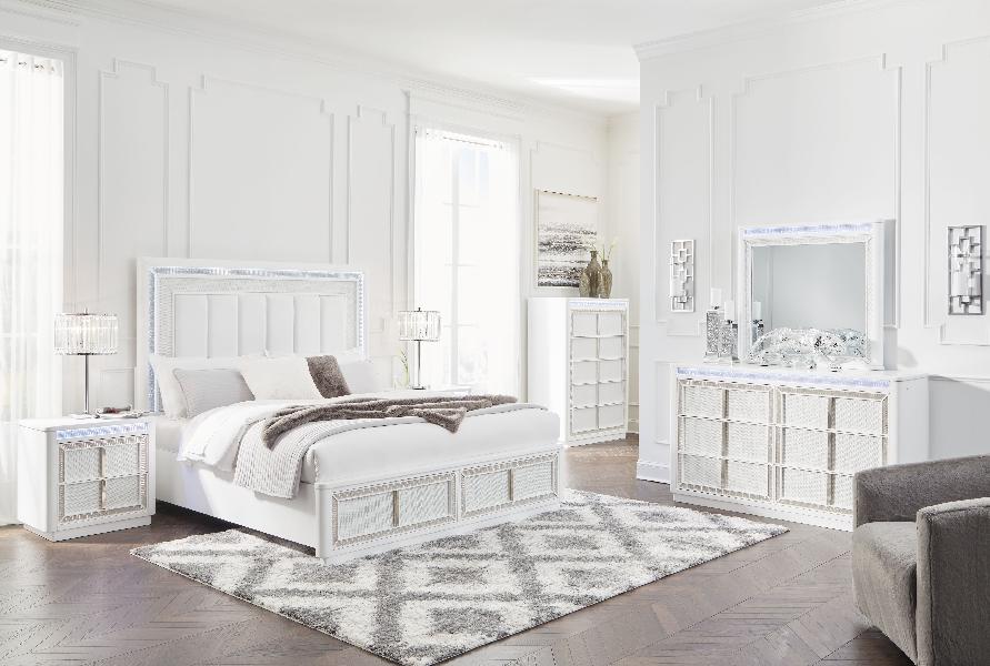 Image of Chalanna - 5 Pc. - Dresser, Mirror, Queen Upholstered Storage Bed - White