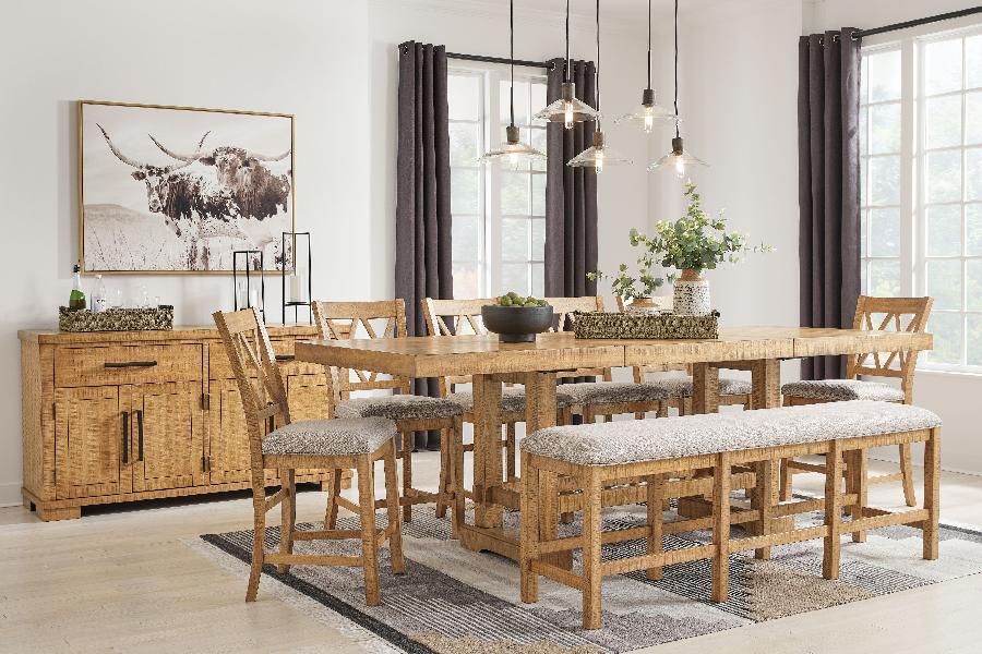 Image of Havonplane - 9 Pc. - Counter Extension Table, 6 Upholstered Barstools, Bench, Server - Brown