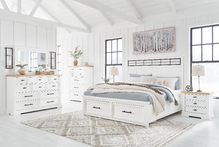 Image of Ashbryn - 5 Pc. - Dresser, Mirror, Queen Panel Storage Bed - White / Natural