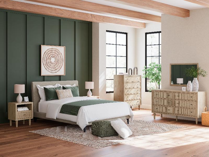 Image of Cielden - 5 Pc. - Dresser,  Mirror, Queen Upholstered Bed With Roll Slats, 2 Nightstands - Soft Gray / Beige