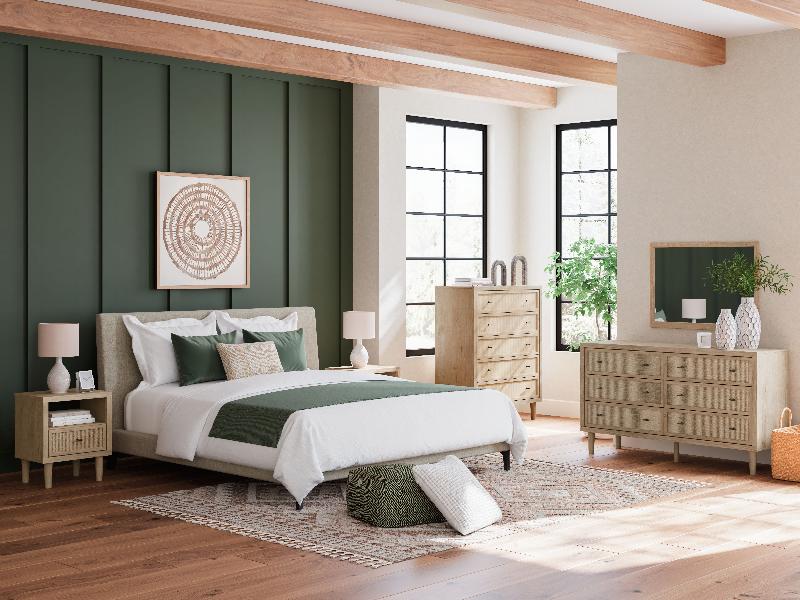 Image of Cielden - 5 Pc. - Dresser,  Mirror, King Upholstered Bed With Roll Slats, 2 Nightstands - Soft Gray / Beige