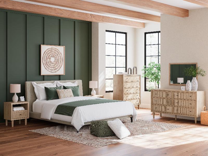 Image of Cielden - 3 Pc. - Dresser, Mirror, California King Upholstered Bed With Roll Slats - Soft Gray / Beige