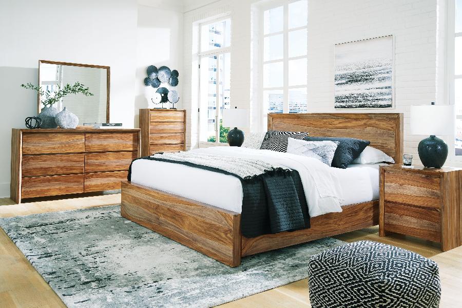 Image of Dressonni - 5 Pc. - Dresser, Mirror, Chest, California King Panel Bed - Brown