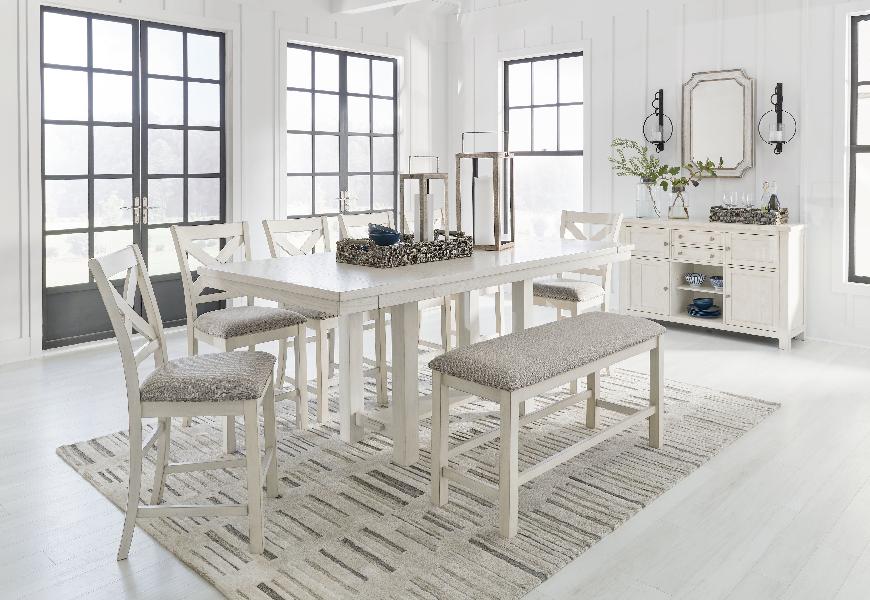 Image of Robbinsdale - 9 Pc. - Rectangular Counter Height Dining Extension Table, 6 Barstools, Bench, Server - Antique White