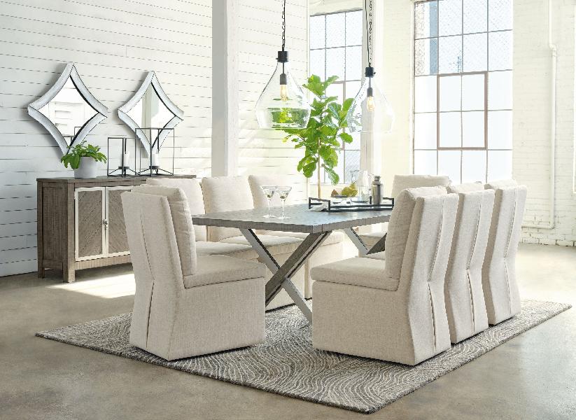 Image of Krystanza - 9 Pc. - Dining Room Table, 8 Oatmeal Side Chairs - Weathered Gray